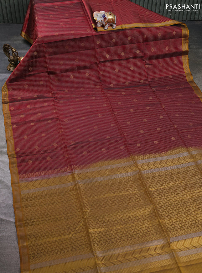 Kanchipuram soft silk saree deep maroon and mustard yellow with allover zari small checks & buttas and small zari woven border