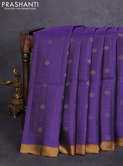 Kanchipuram soft silk saree blue and mustard yellow with allover zari small checks & buttas and zari woven border