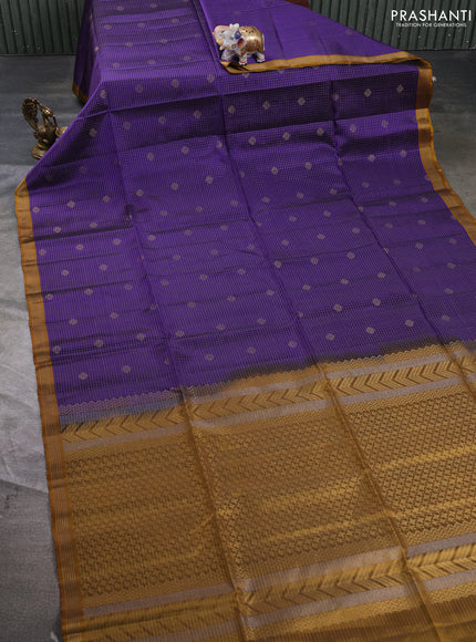 Kanchipuram soft silk saree blue and mustard yellow with allover zari small checks & buttas and zari woven border