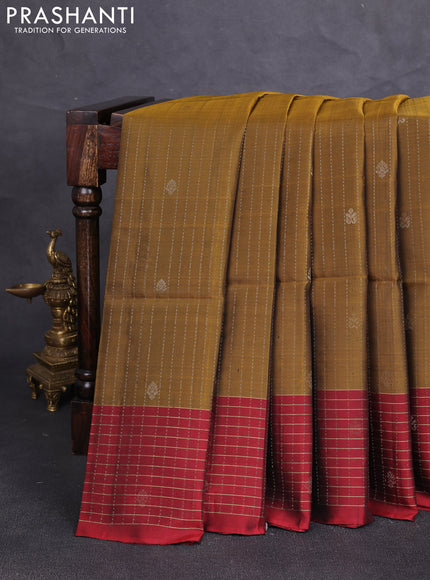 Kanchipuram soft silk saree mustard green and maroon with allover zari weaves & buttas and zari woven border