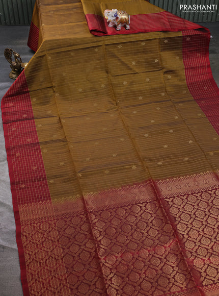 Kanchipuram soft silk saree mustard green and maroon with allover zari weaves & buttas and zari woven border