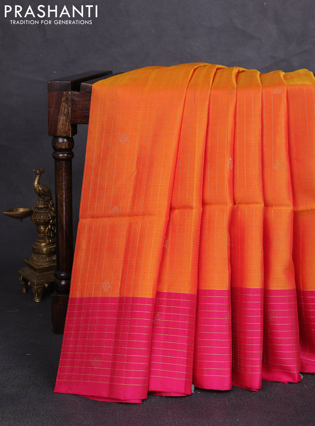 Kanchipuram soft silk saree sunset orange and pink with allover zari weaves & buttas and zari woven butta border
