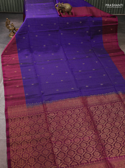 Kanchipuram soft silk saree deep violet and magenta pink with allover zari weaves & buttas and zaari woven butta border
