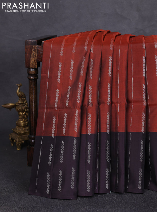 Kanchipuram soft silk saree rust shade and wine shade with allover silver zari weaves and zari woven border