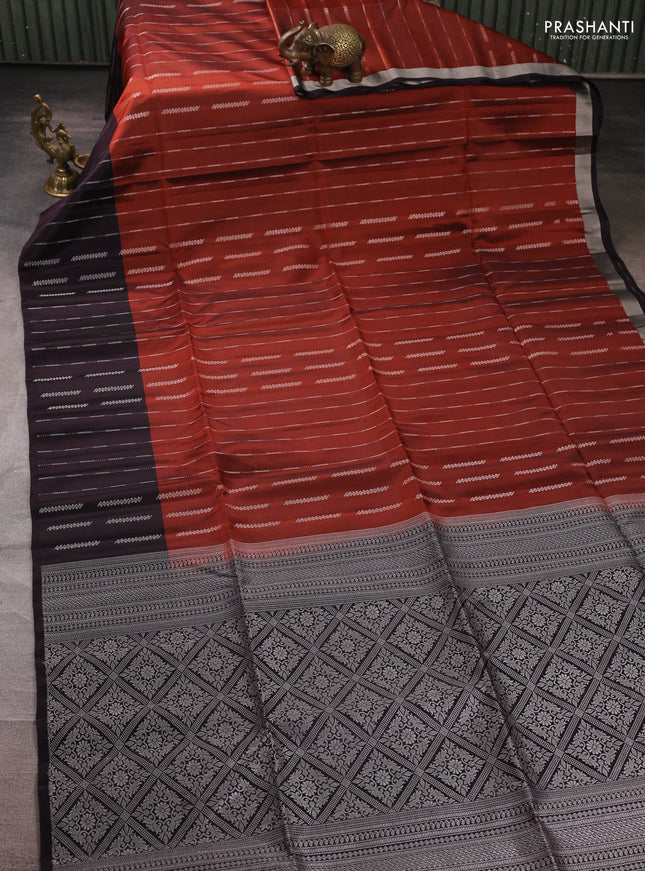 Kanchipuram soft silk saree rust shade and wine shade with allover silver zari weaves and zari woven border