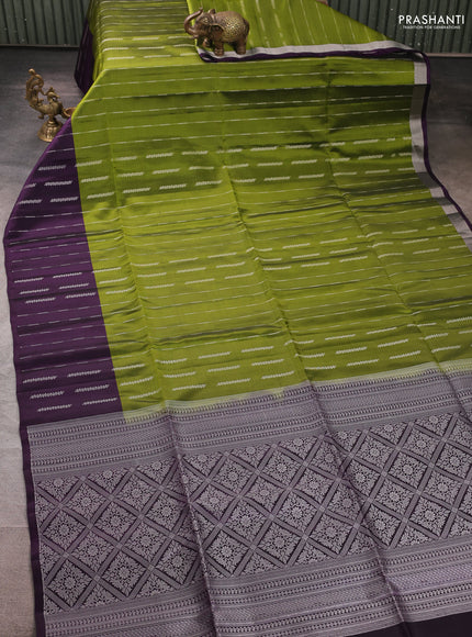 Kanchipuram soft silk saree green and deep violet with allover silver zari weaves and zari woven border