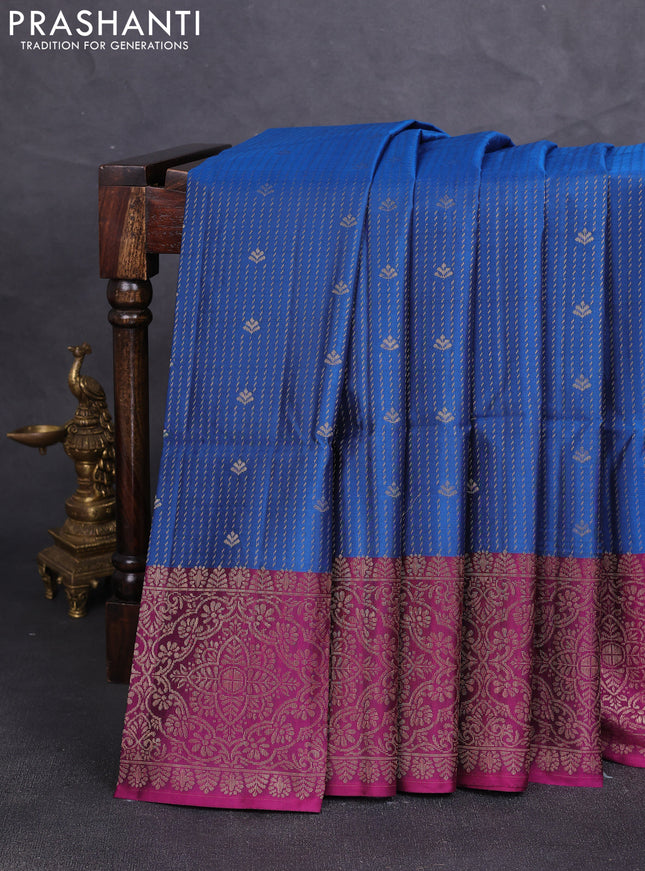 Kanchipuram soft silk saree peacock blue and pink with allover zari weaves & buttas and zari woven border