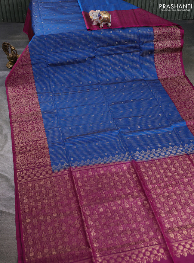 Kanchipuram soft silk saree peacock blue and pink with allover zari weaves & buttas and zari woven border