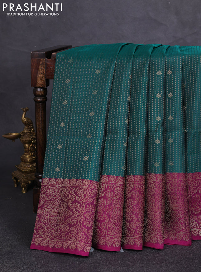 Kanchipuram soft silk saree peacock green and magenta pink with allover zari weaves & buttas and zari woven border