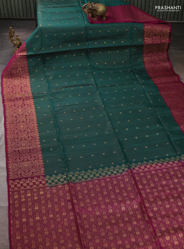 Kanchipuram soft silk saree peacock green and magenta pink with allover zari weaves & buttas and zari woven border