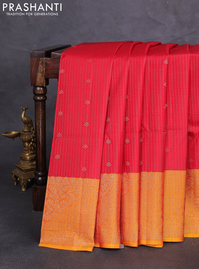 Kanchipuram soft silk saree red and sunset orange with allover zari weaves & buttas and zari woven border