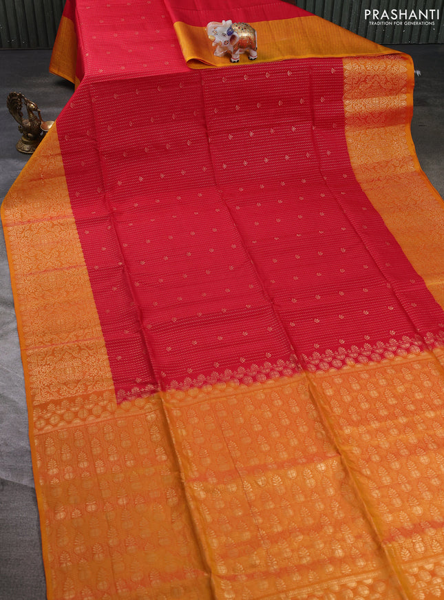 Kanchipuram soft silk saree red and sunset orange with allover zari weaves & buttas and zari woven border