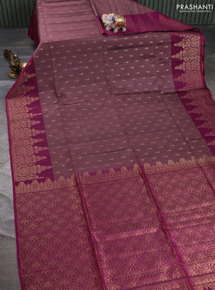 Kanchipuram soft silk saree rosy brown and magenta pink with allover zari woven buttas and zari woven border
