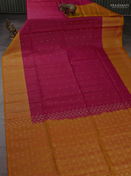Kanchipuram soft silk saree pink and sunset orange with allover zari weaves & buttas and zari woven border