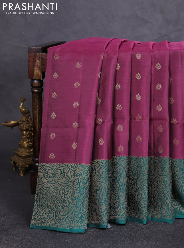 Kanchipuram soft silk saree wine shade and peacock green with allover zari woven buttas and zari woven border