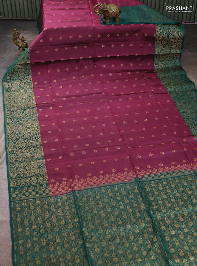 Kanchipuram soft silk saree wine shade and peacock green with allover zari woven buttas and zari woven border