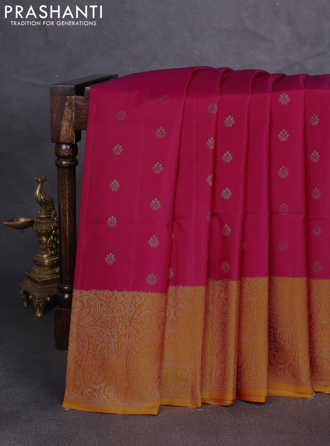 Kanchipuram soft silk saree tomato pink and sunset orange with allover zari woven buttas and zari woven border