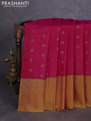 Kanchipuram soft silk saree tomato pink and sunset orange with allover zari woven buttas and zari woven border