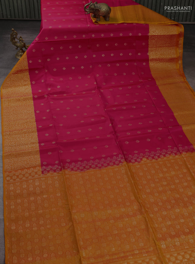 Kanchipuram soft silk saree tomato pink and sunset orange with allover zari woven buttas and zari woven border