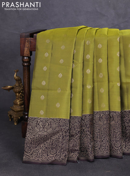 Kanchipuram soft silk saree mehendi green and coffee brown with allover zari woven buttas and zari woven border