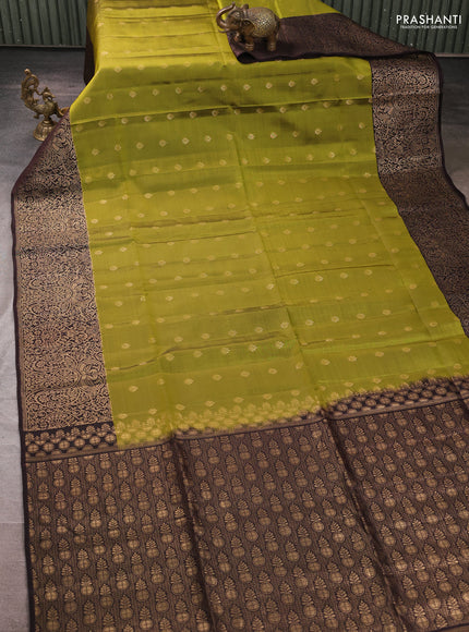 Kanchipuram soft silk saree mehendi green and coffee brown with allover zari woven buttas and zari woven border