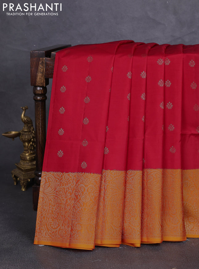 Kanchipuram soft silk saree red and sunset orange with allover zari woven buttas and zari woven border