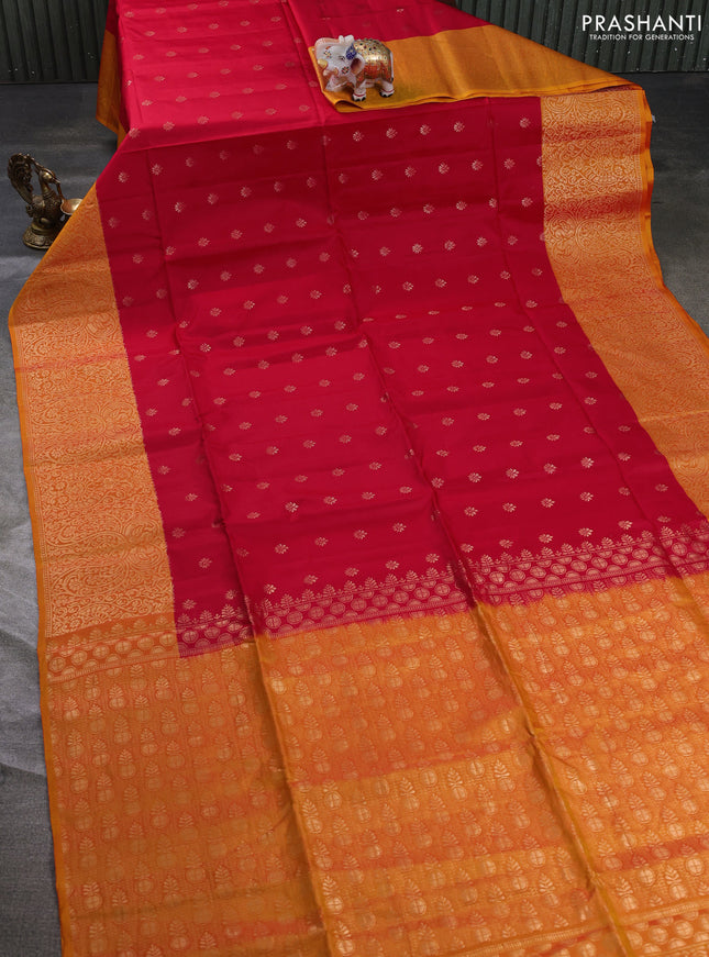 Kanchipuram soft silk saree red and sunset orange with allover zari woven buttas and zari woven border