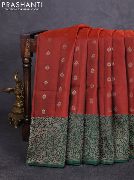 Kanchipuram soft silk saree rust shade and green with allover zari woven buttas and zari woven border