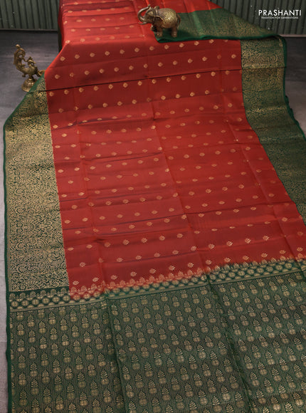 Kanchipuram soft silk saree rust shade and green with allover zari woven buttas and zari woven border