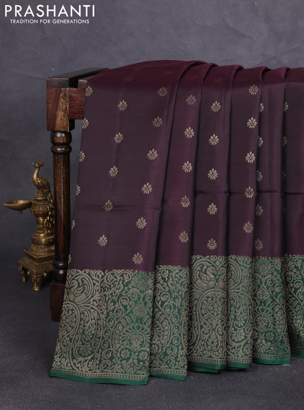 Kanchipuram soft silk saree coffee brown and green with allover zari woven buttas and zari woven border
