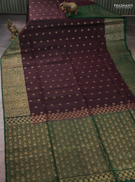 Kanchipuram soft silk saree coffee brown and green with allover zari woven buttas and zari woven border