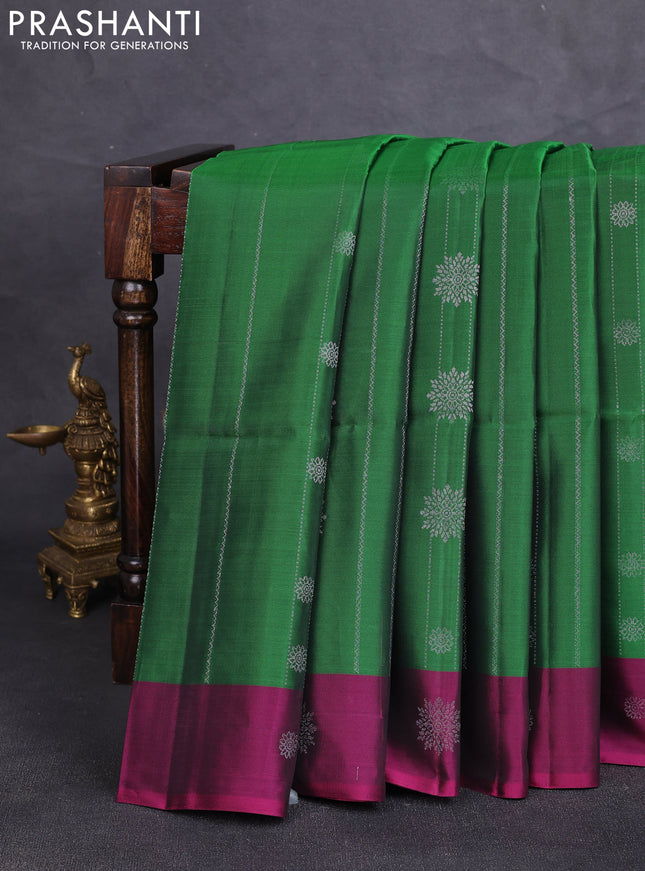 Kanchipuram soft silk saree green and magenta pink with allover silver zari weaves & buttas and zari woven butta border