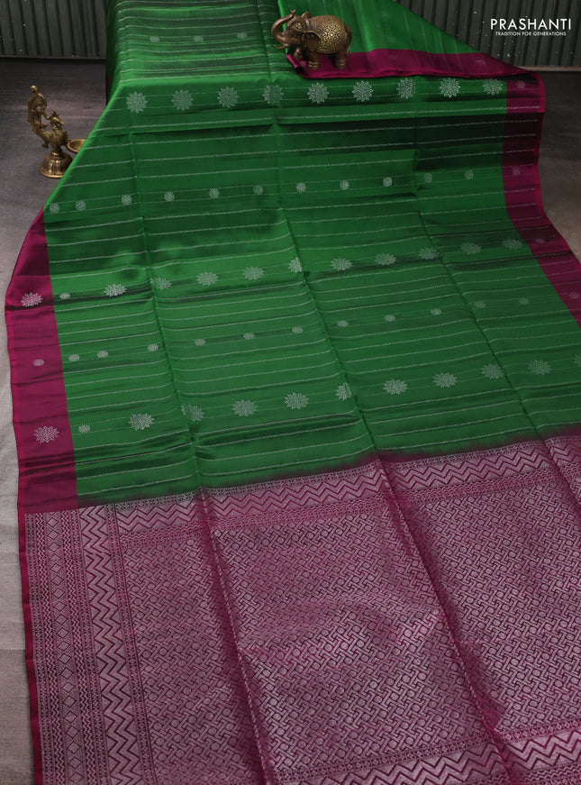 Kanchipuram soft silk saree green and magenta pink with allover silver zari weaves & buttas and zari woven butta border