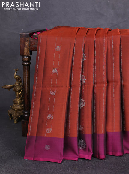 Kanchipuram soft silk saree rust shade and magenta pink with allover silver zari weaves & buttas and zari woven butta border
