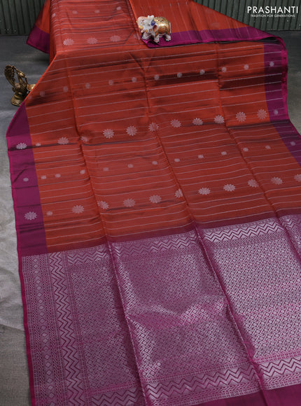 Kanchipuram soft silk saree rust shade and magenta pink with allover silver zari weaves & buttas and zari woven butta border