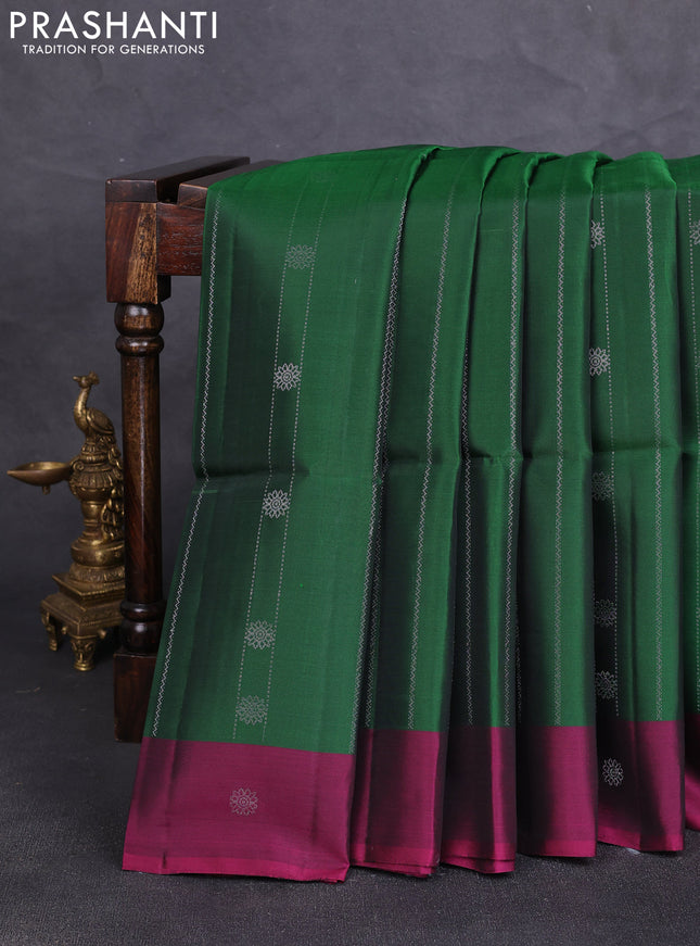 Kanchipuram soft silk saree green and magenta pink with allover silver zari weaves & buttas and zari woven butta border