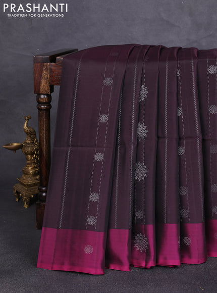Kanchipuram soft silk saree deep jamun and magenta pink with allover silver zari weaves & buttas and zari woven butta border