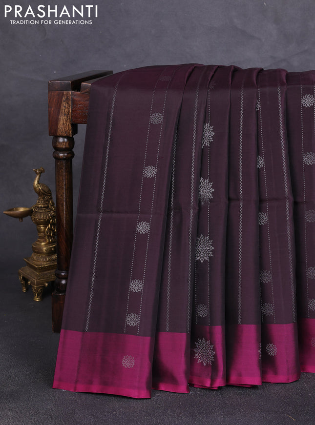 Kanchipuram soft silk saree deep jamun and magenta pink with allover silver zari weaves & buttas and zari woven butta border