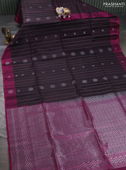 Kanchipuram soft silk saree deep jamun and magenta pink with allover silver zari weaves & buttas and zari woven butta border