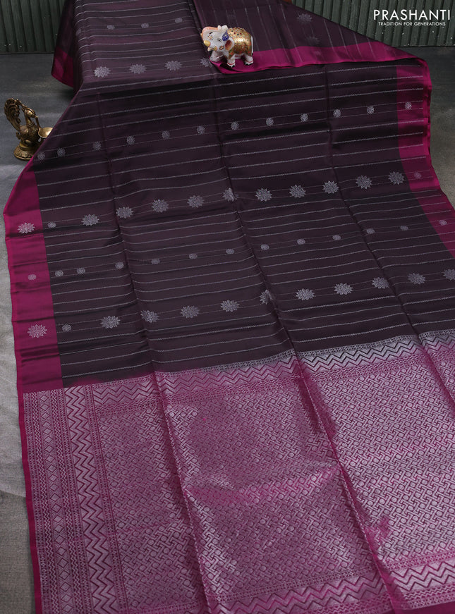 Kanchipuram soft silk saree deep jamun and magenta pink with allover silver zari weaves & buttas and zari woven butta border