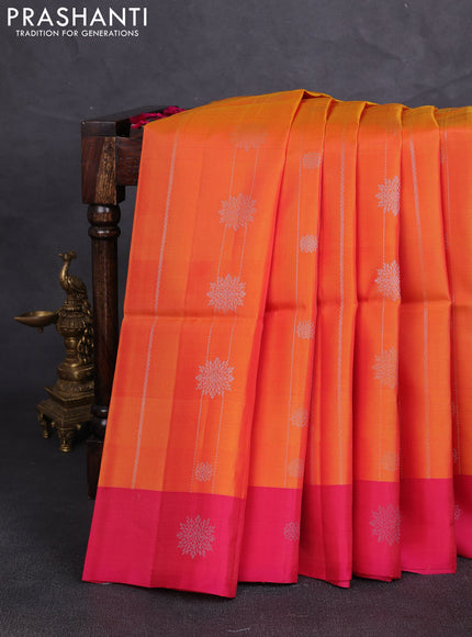 Kanchipuram soft silk saree sunset orange and pink with allover silver zari weaves & buttas and zari woven butta border