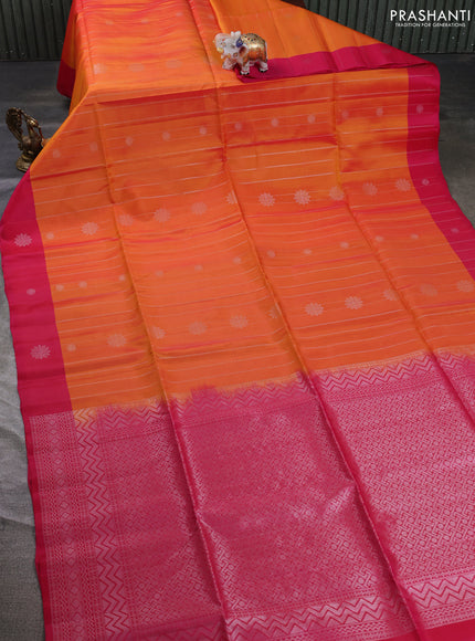 Kanchipuram soft silk saree sunset orange and pink with allover silver zari weaves & buttas and zari woven butta border