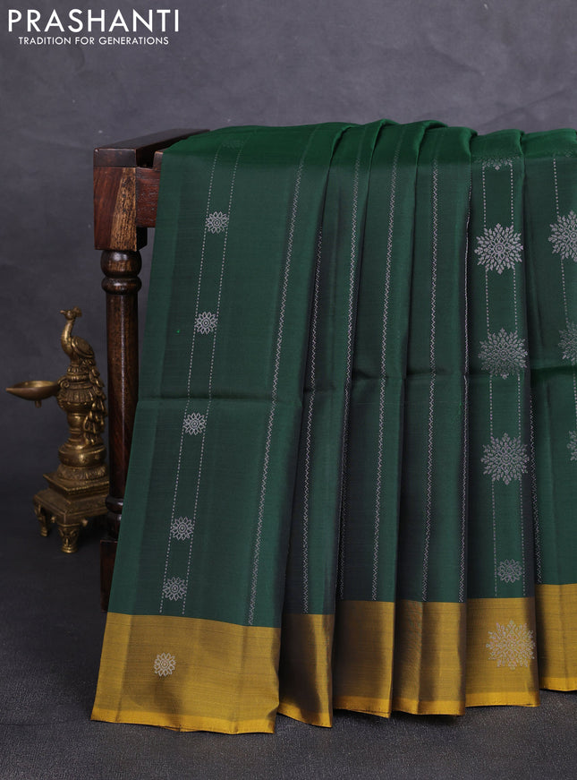 Kanchipuram soft silk saree bottle green and yellow with allover silver zari weaves & buttas and zari woven butta border