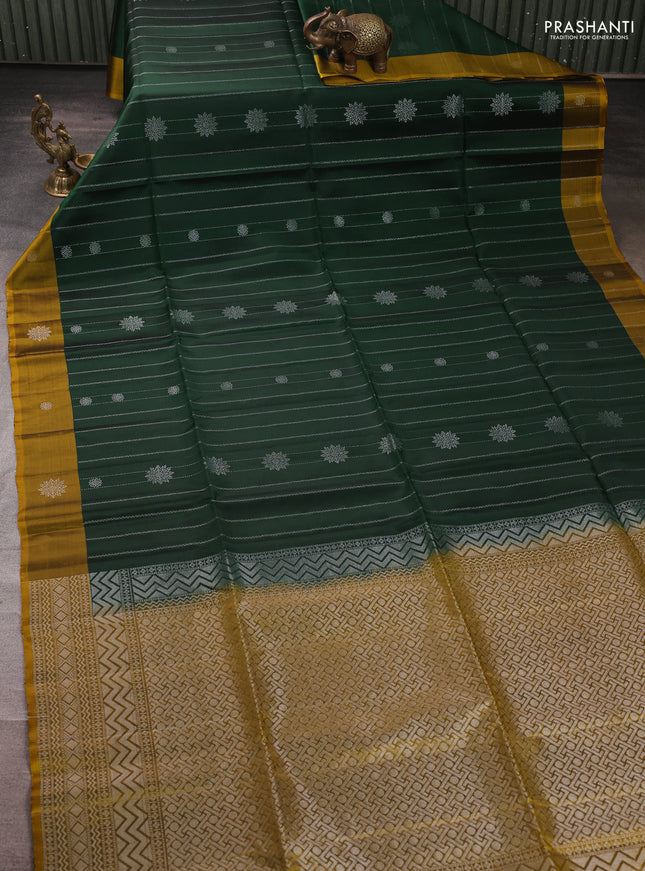 Kanchipuram soft silk saree bottle green and yellow with allover silver zari weaves & buttas and zari woven butta border