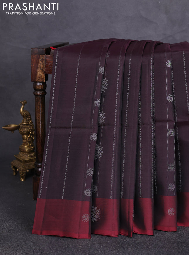 Kanchipuram soft silk saree coffee brown and deep maroon with allover silver zari weaves & buttas and zari woven butta border