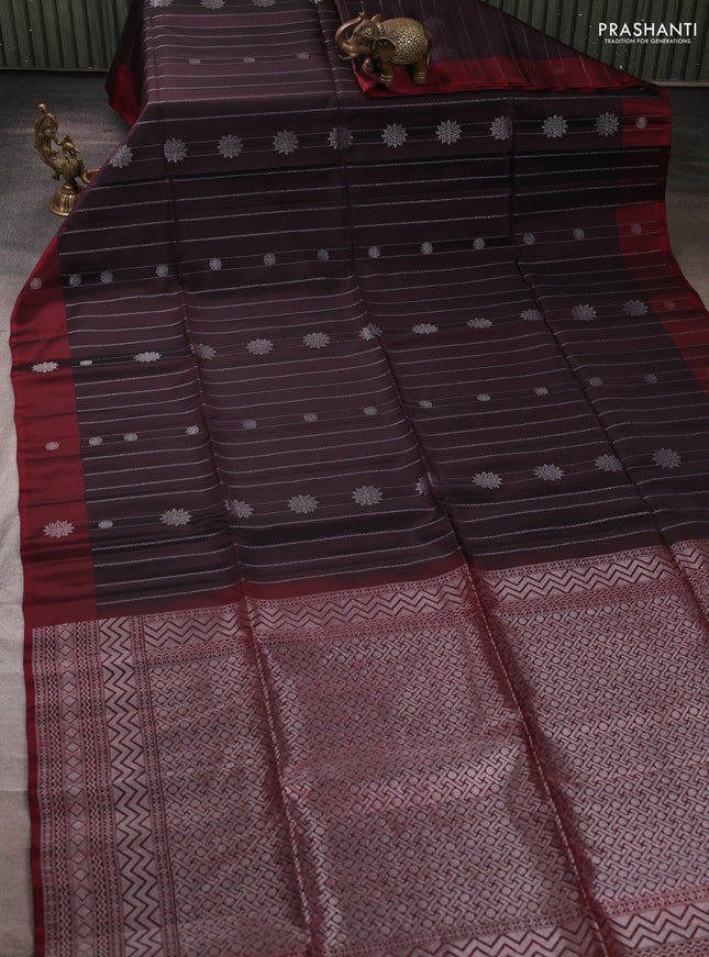 Kanchipuram soft silk saree coffee brown and deep maroon with allover silver zari weaves & buttas and zari woven butta border