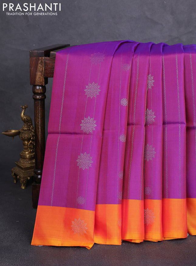 Kanchipuram soft silk saree magenta pink and sunset orange with allover silver zari weaves & buttas and zari woven butta border