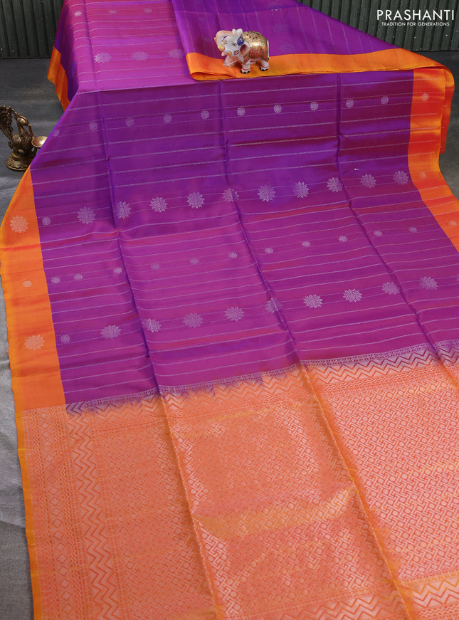 Kanchipuram soft silk saree magenta pink and sunset orange with allover silver zari weaves & buttas and zari woven butta border