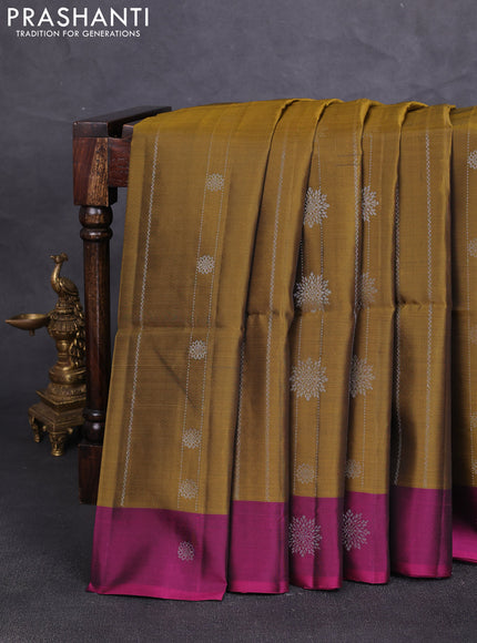 Kanchipuram soft silk saree mehendi green and magenta pink with allover silver zari weaves & buttas and zari woven butta border