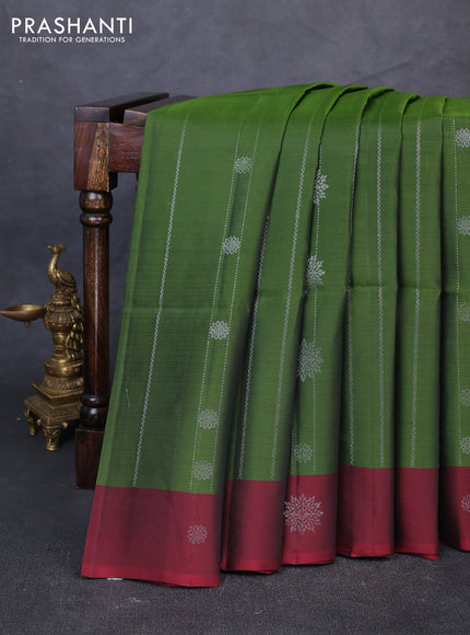 Kanchipuram soft silk saree mehendi green and deep maroon with allover silver zari weaves & buttas and zari woven butta border
